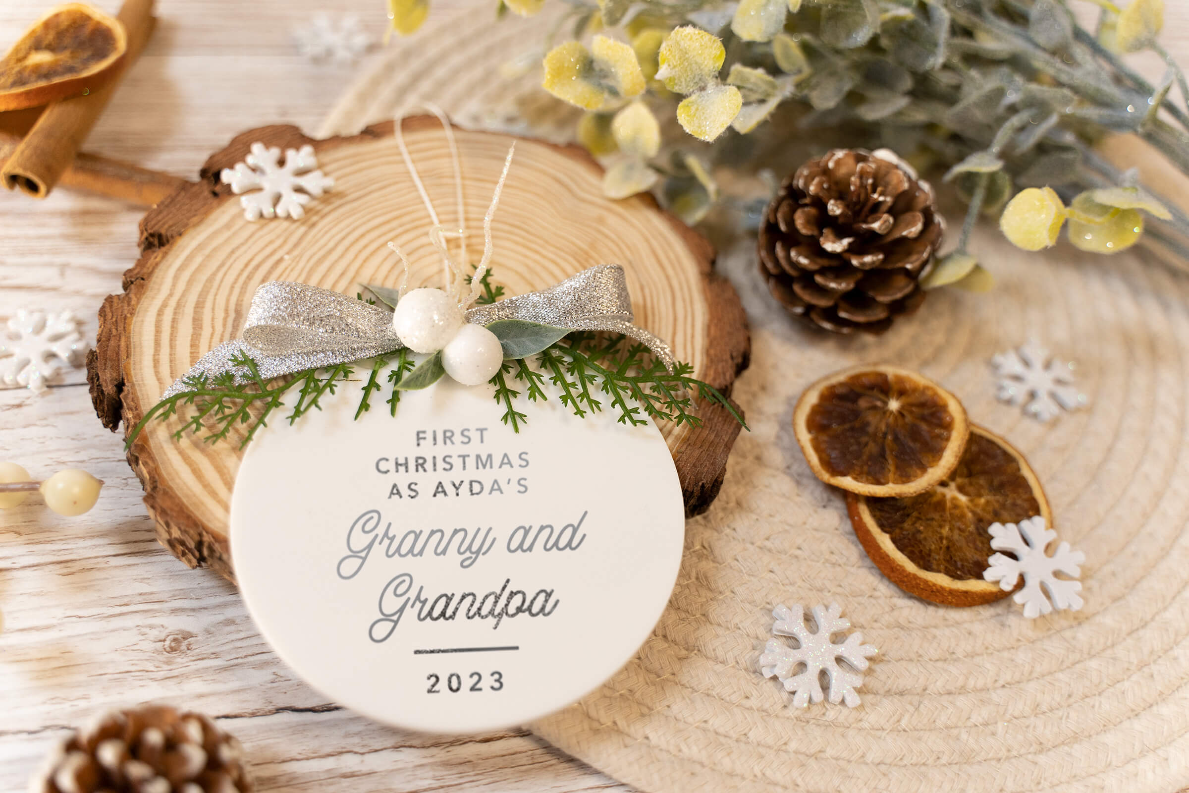 First Christmas as Granny & Grandpa Decoration - White/Silver