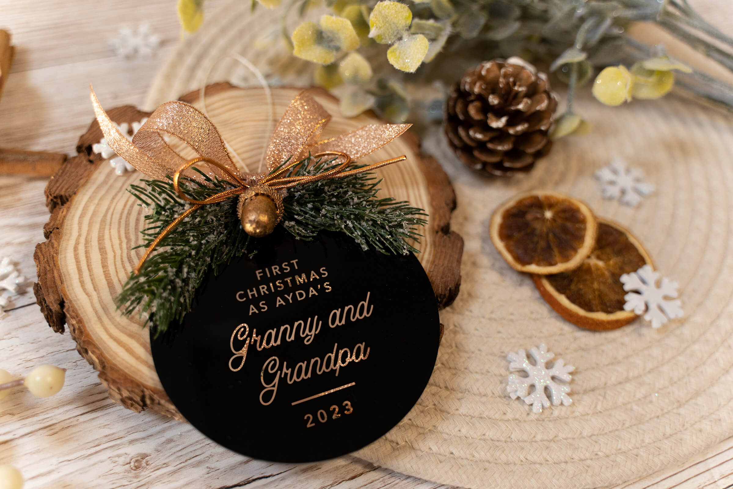 First Christmas as Granny & Grandpa Decoration - Black/Rosegold