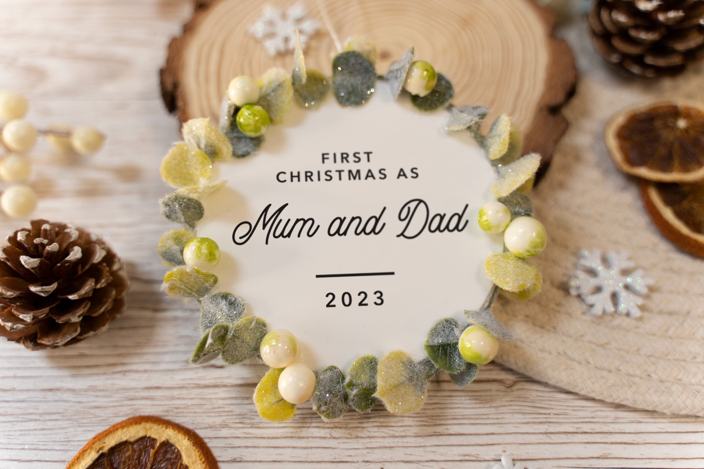First Christmas as Mum & Dad Decoration - White/Frosted Foliage