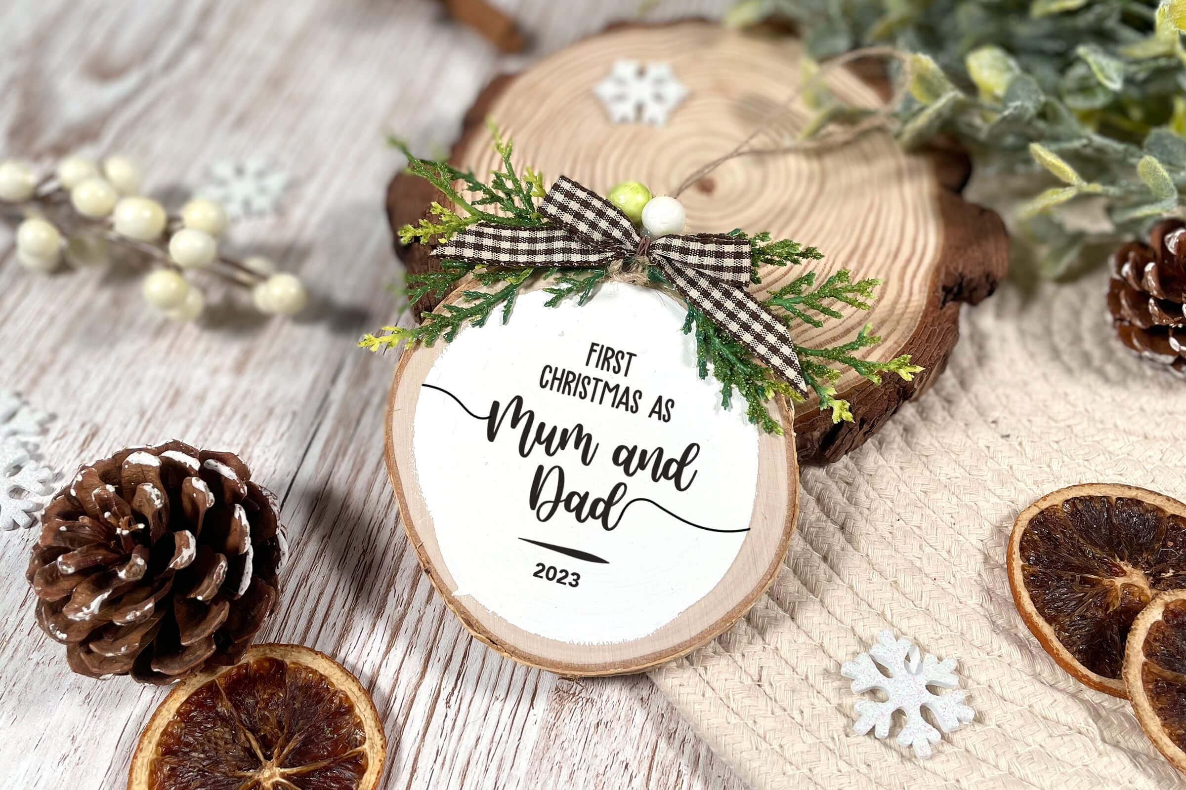 First Christmas as Mum & Dad Wooden Decoration - White