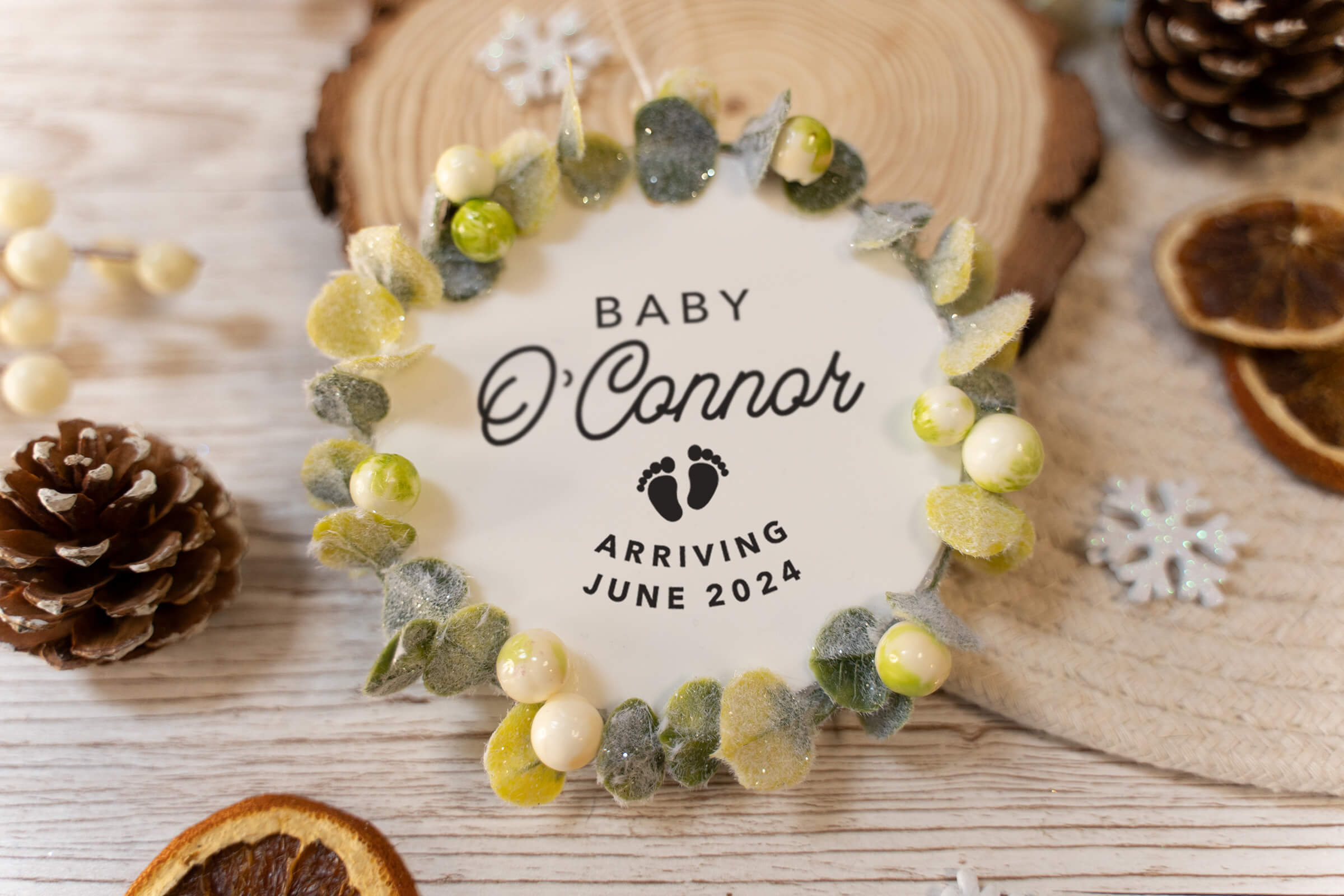 Pregnancy Announcement Christmas Decoration - White/Frosted Foliage