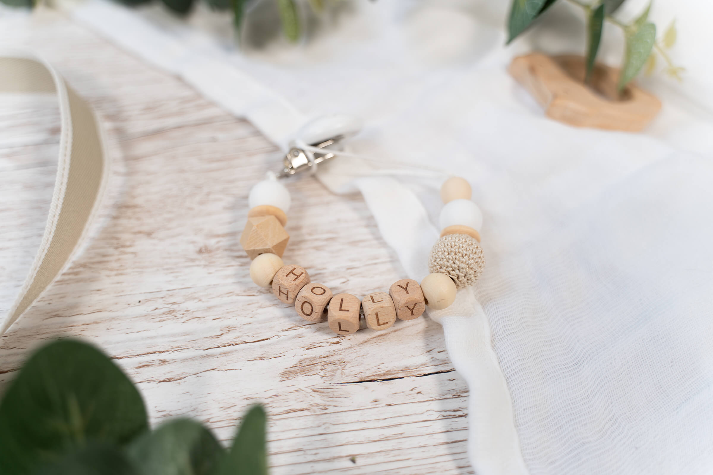 Beige Beaded Soother Clip