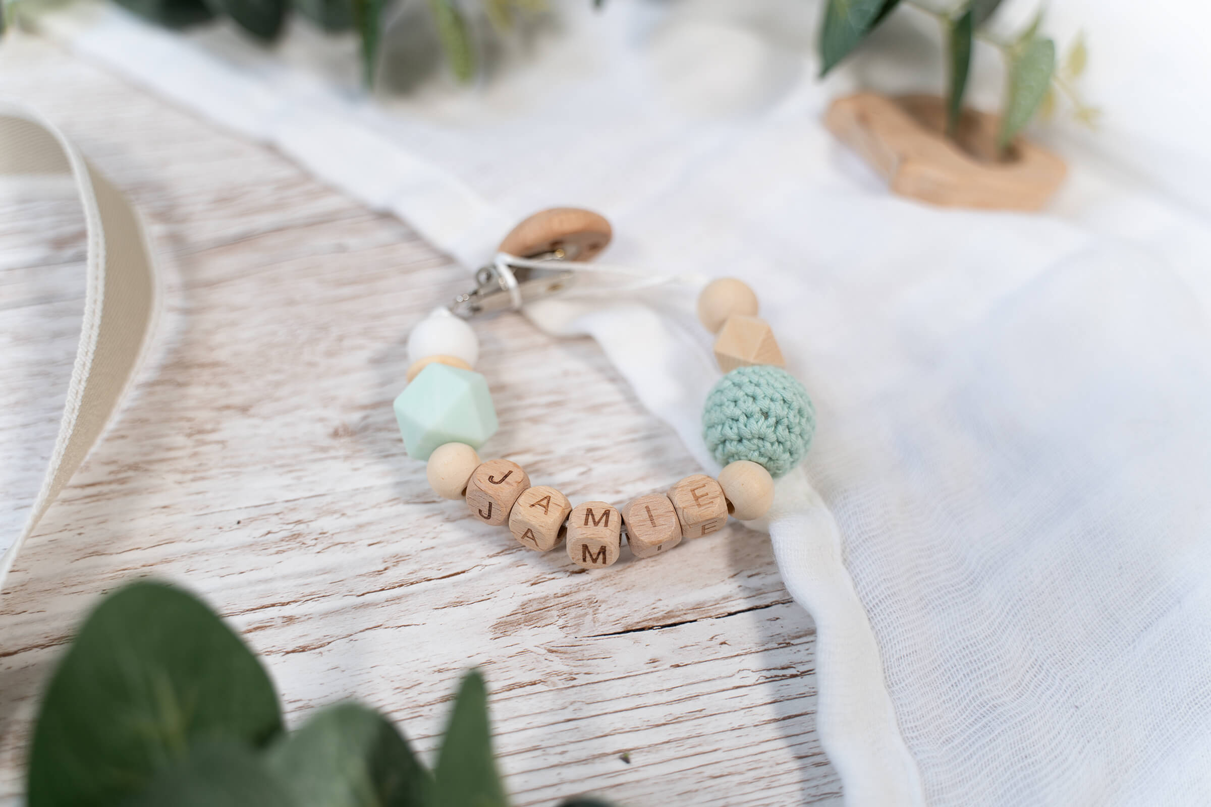 Teal Silicone/Wood Soother Clip