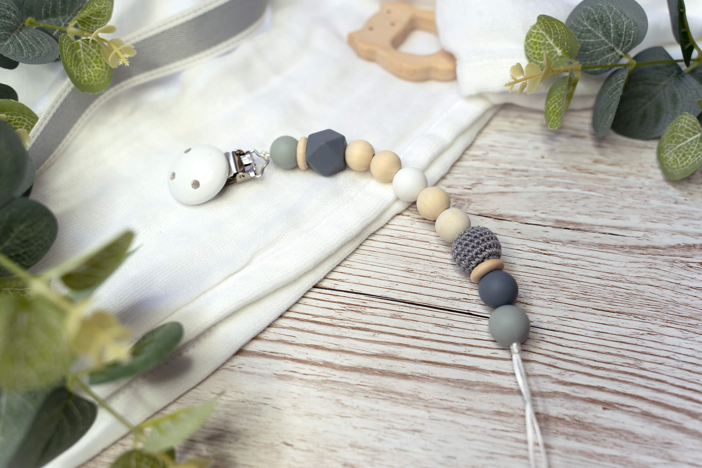 Grey Beaded Soother Clip