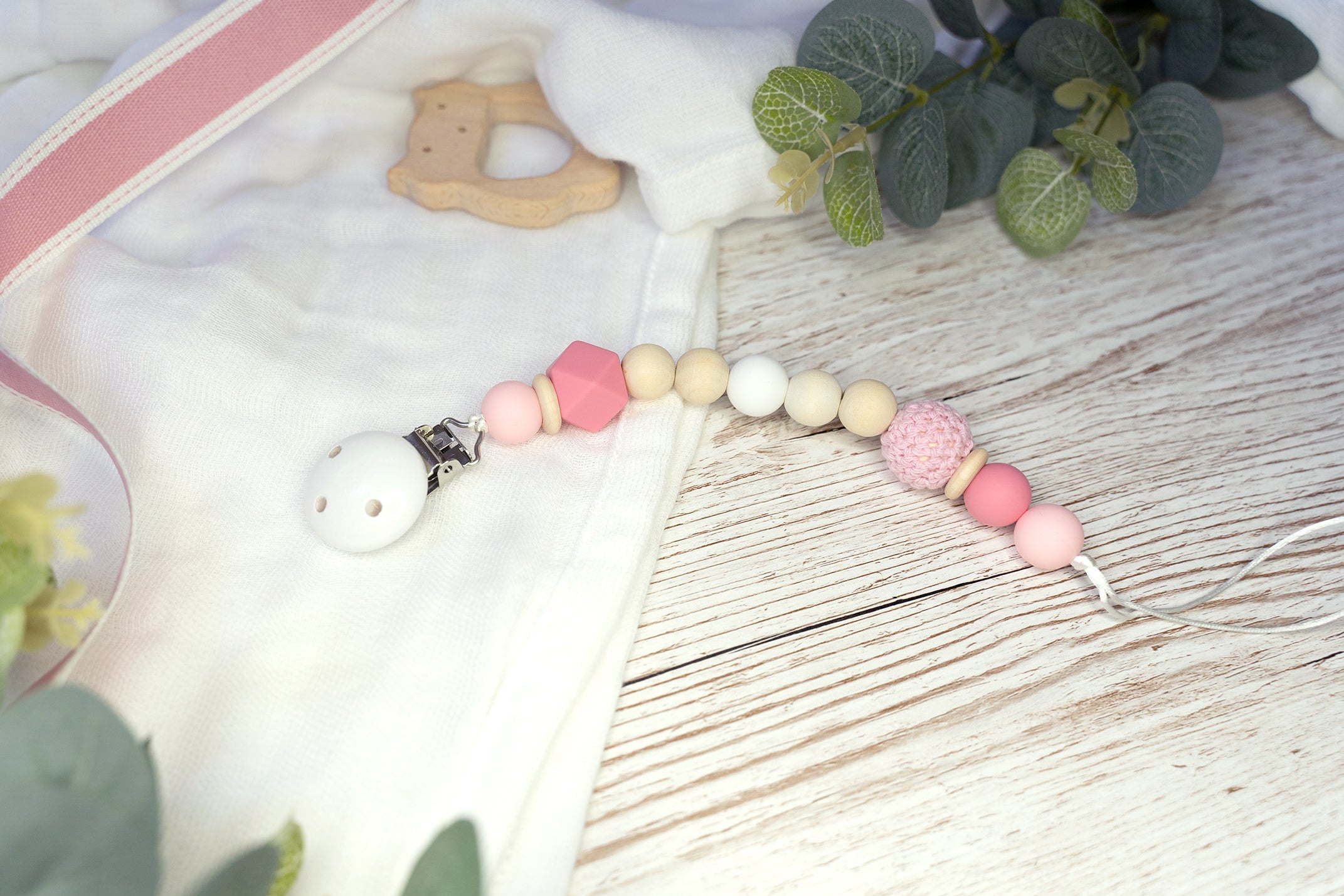 Pink Beaded Soother Clip