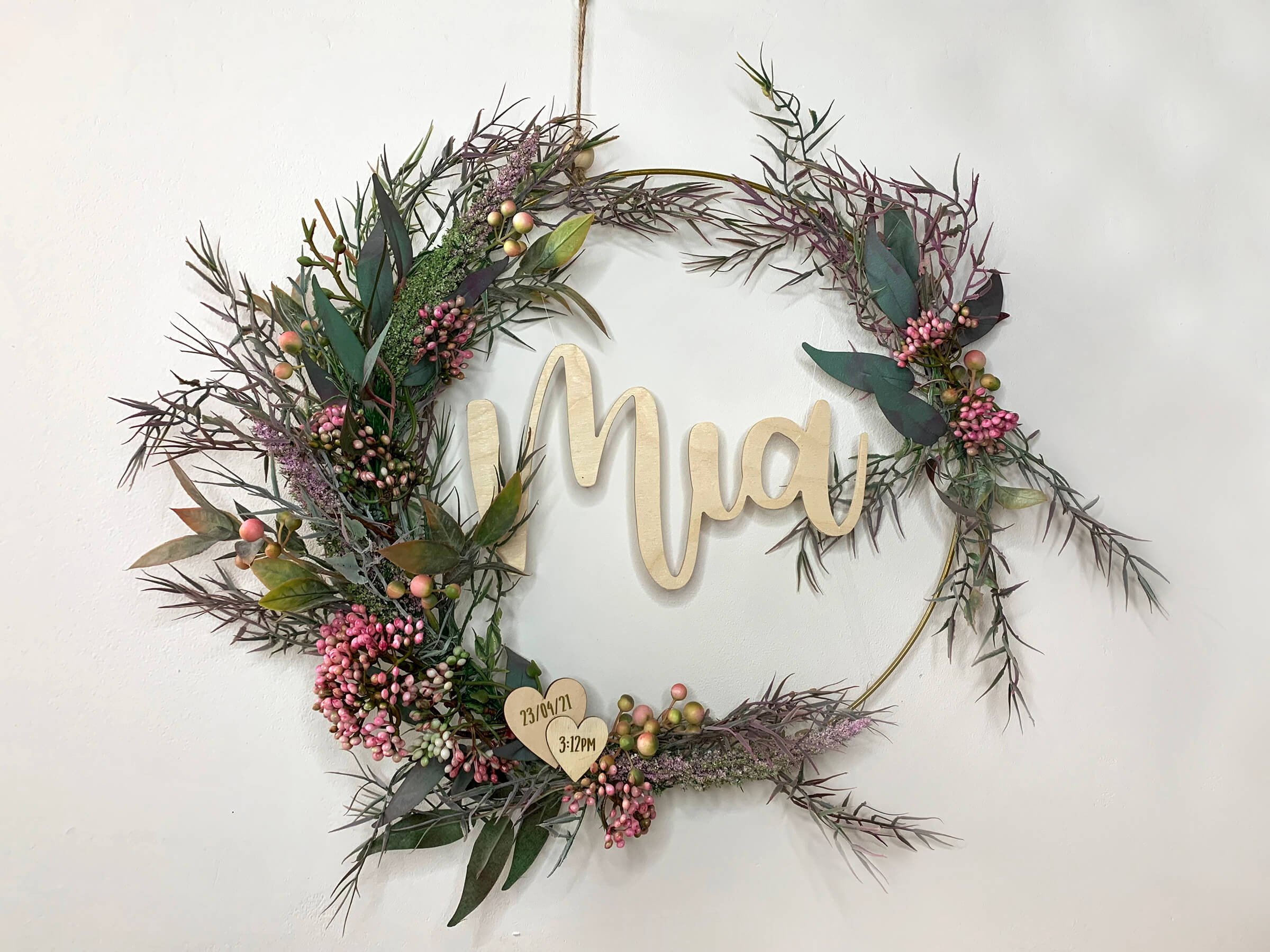 Pink Ruscus Baby Name Wreath